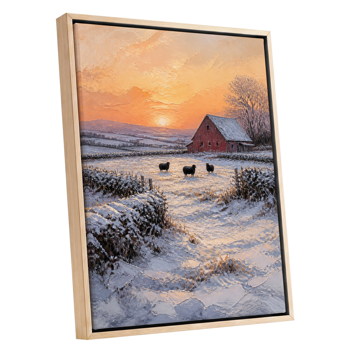 Winter's Ember, white, orange, brown nature wall art shown as a oak framed canvas wall art