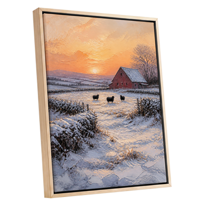 Winter's Ember, white, orange, brown nature wall art shown as a oak framed canvas wall art