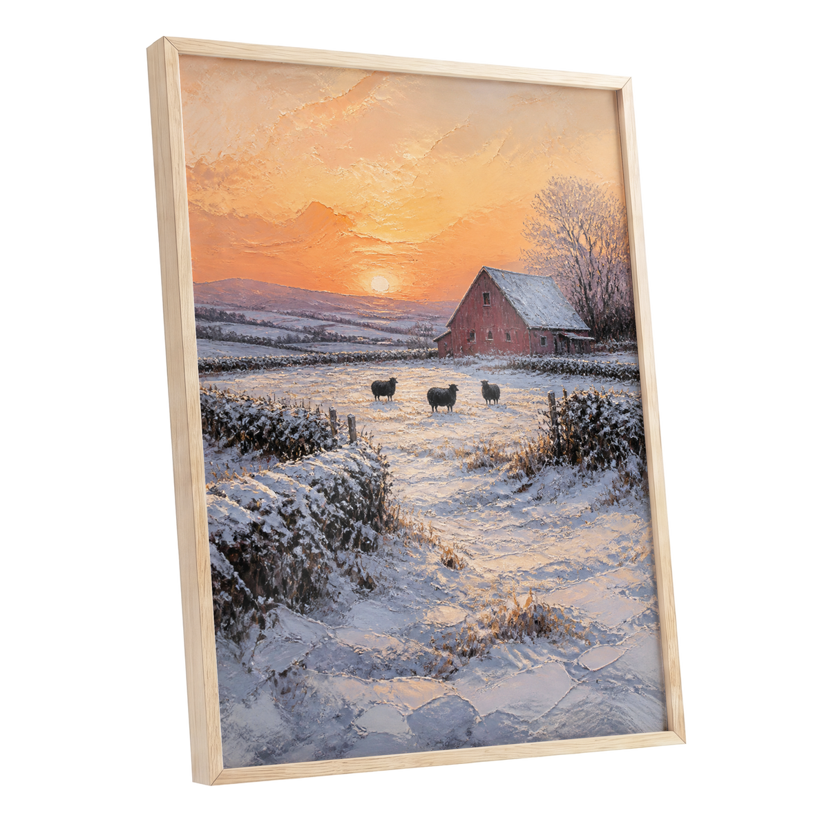 Winter's Ember, white, orange, brown nature wall art shown as a oak framed poster wall art print
