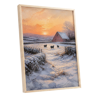 Winter's Ember, white, orange, brown nature wall art shown as a oak framed poster wall art print