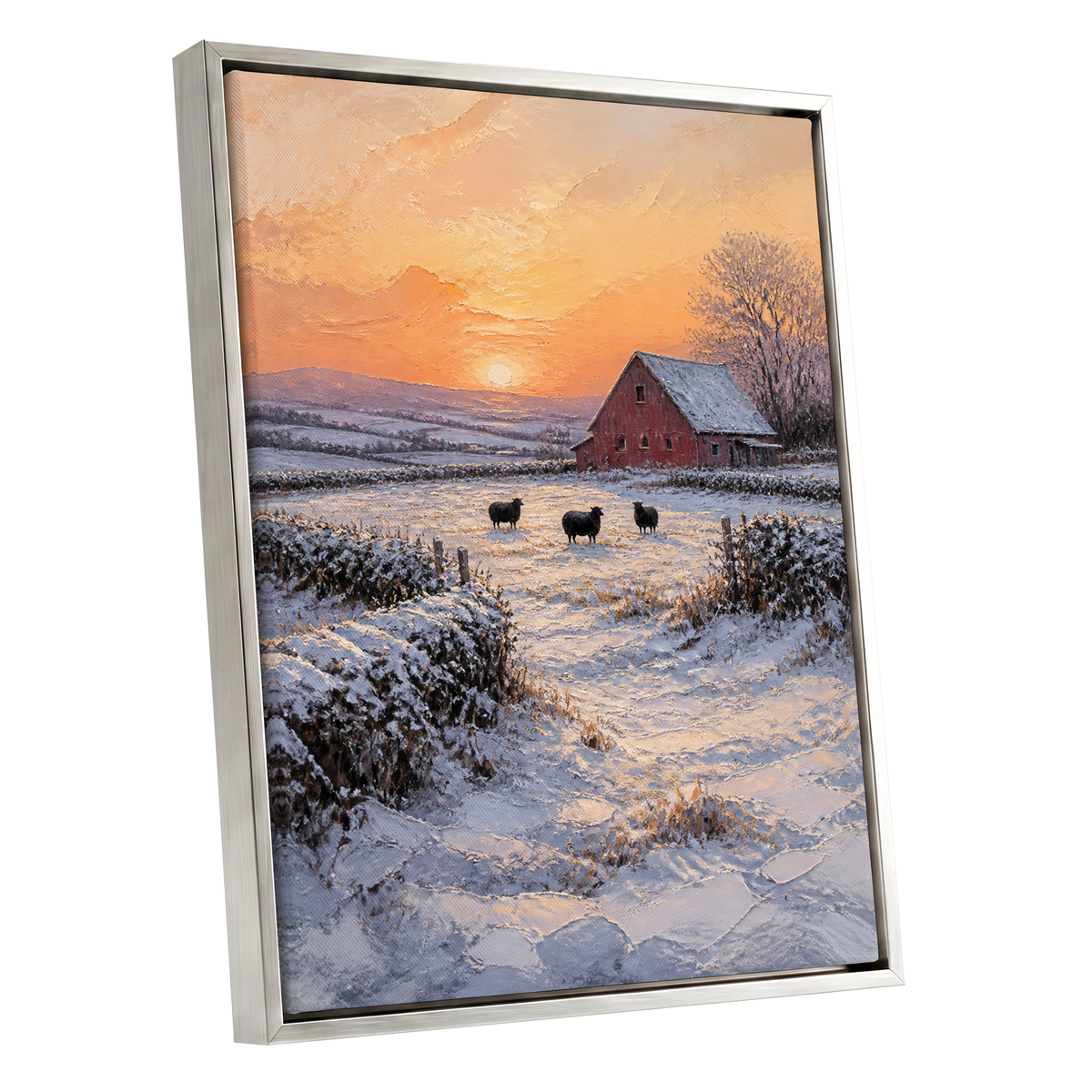 Winter's Ember, white, orange, brown nature wall art shown as a silver framed canvas wall art