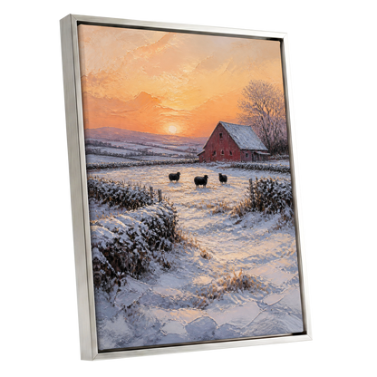 Winter's Ember, white, orange, brown nature wall art shown as a silver framed canvas wall art