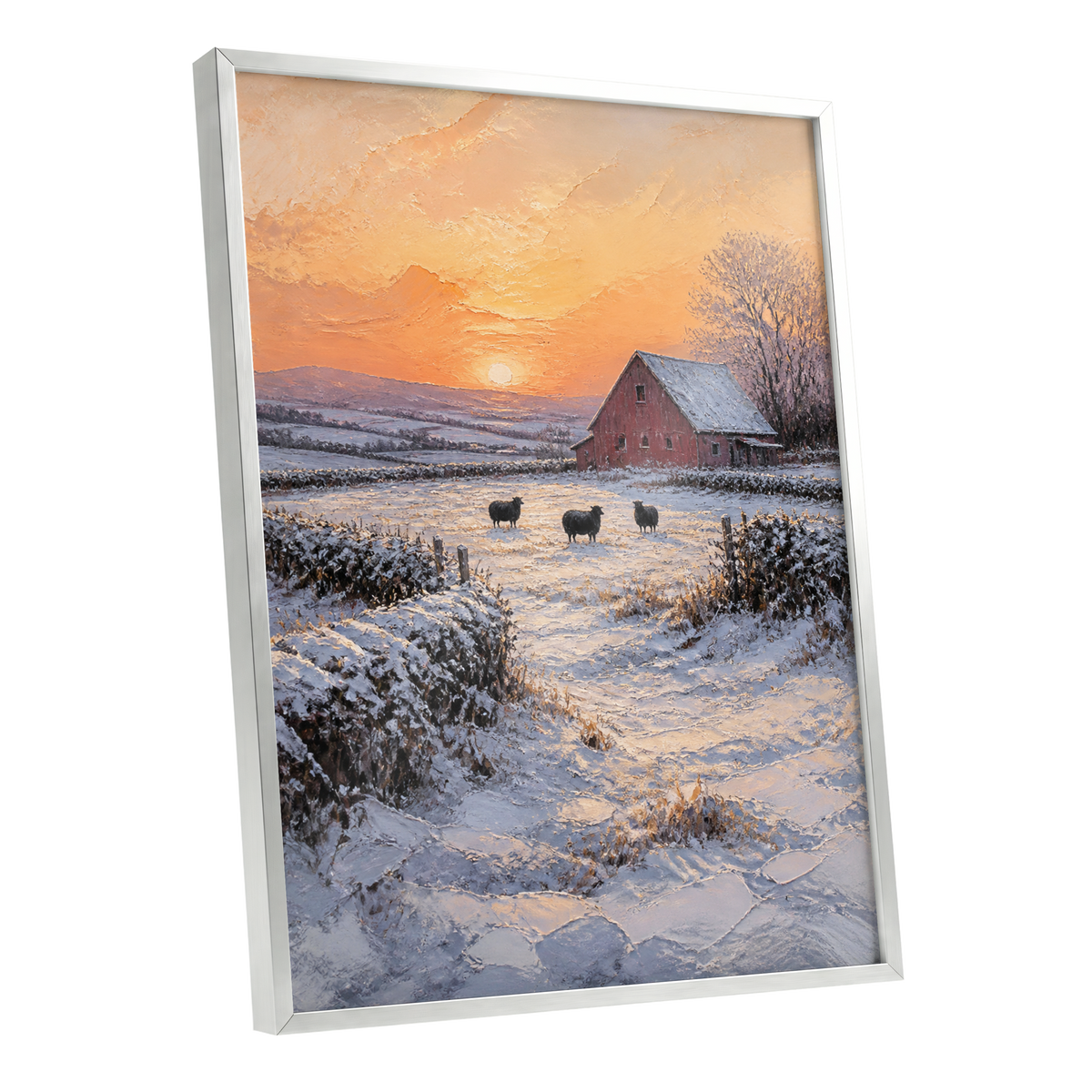 Winter's Ember, white, orange, brown nature wall art shown as a silver framed poster wall art print