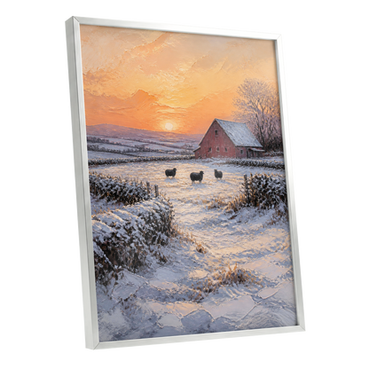 Winter's Ember, white, orange, brown nature wall art shown as a silver framed poster wall art print