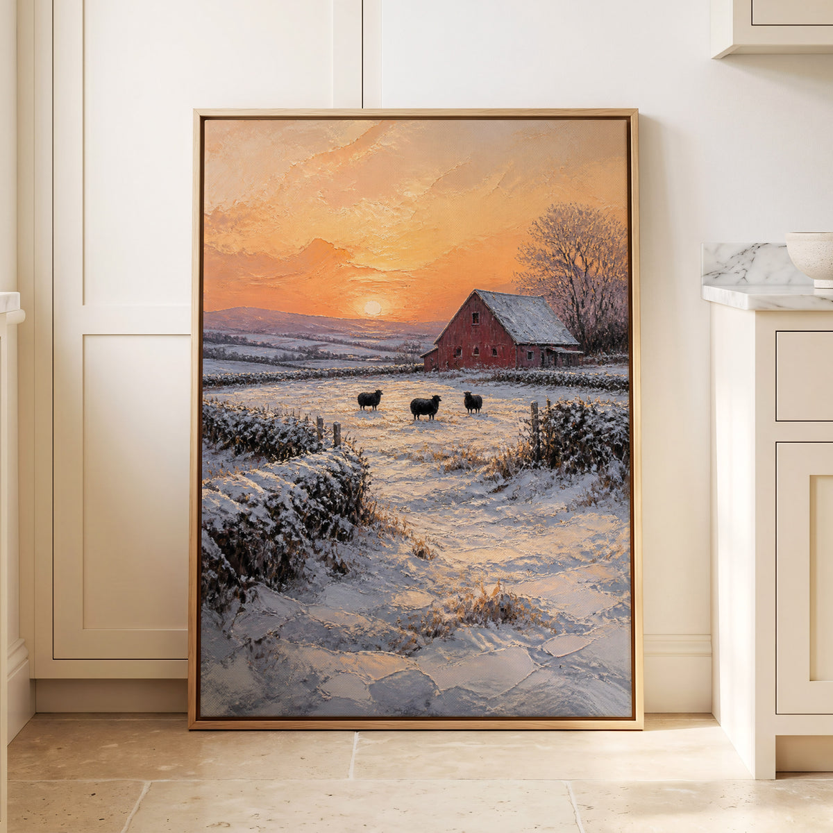 Winter's Ember, white, orange, brown nature wall art displayed in a styled interior, gallery view 1