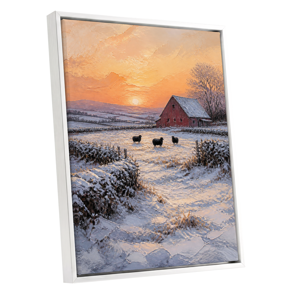 Winter's Ember, white, orange, brown nature wall art shown as a white framed canvas wall art