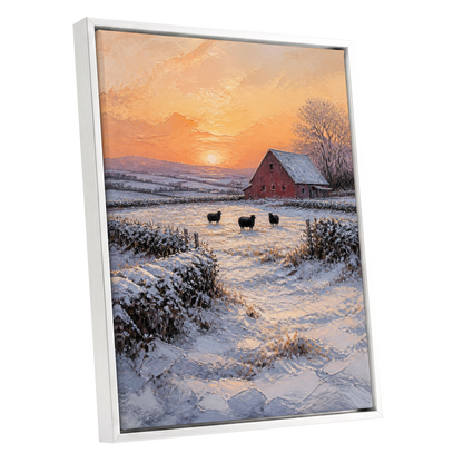 Winter's Ember, white, orange, brown nature wall art shown as a white framed canvas wall art