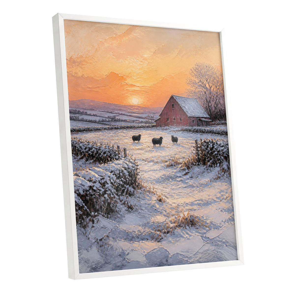 Winter's Ember, white, orange, brown nature wall art shown as a white framed poster wall art print