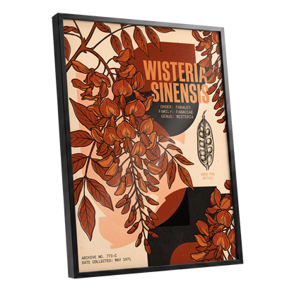 Wisteria Archive, beige, orange, black floral wall art shown as a black framed poster wall art print