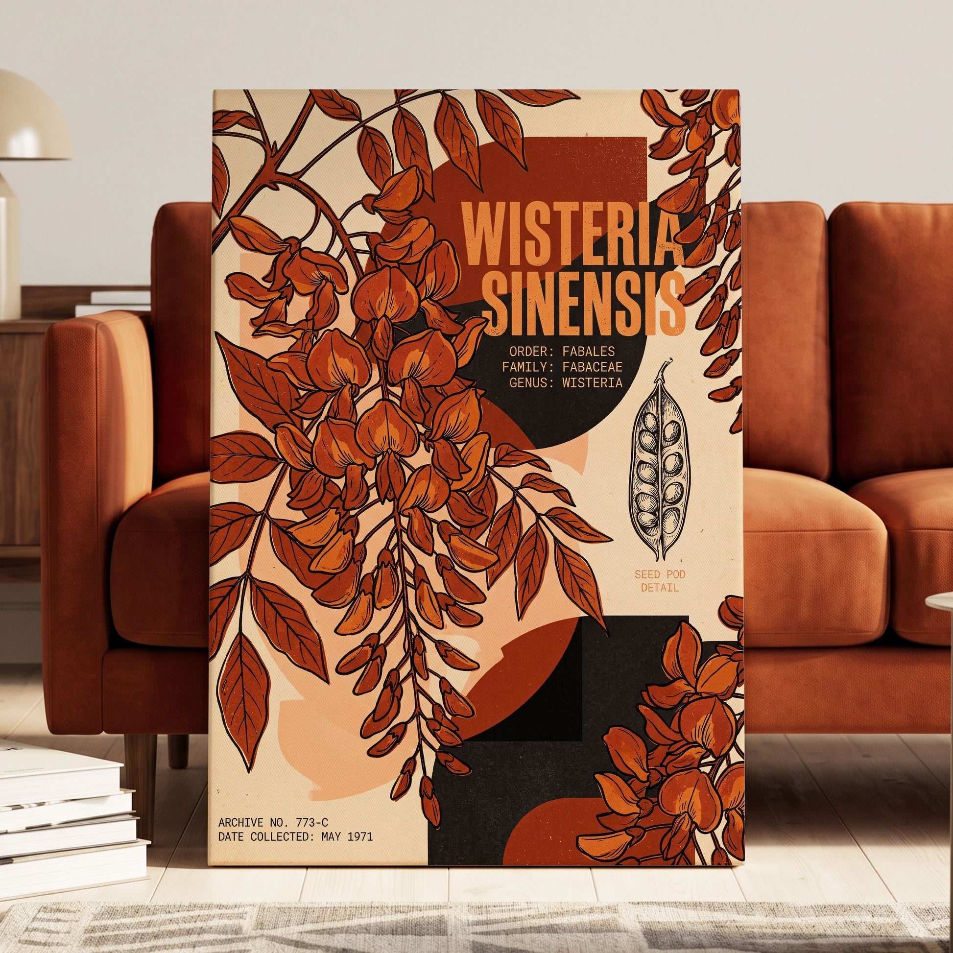 Wisteria Archive, beige, orange, black floral wall art on canvas displayed in a styled interior, gallery view 1