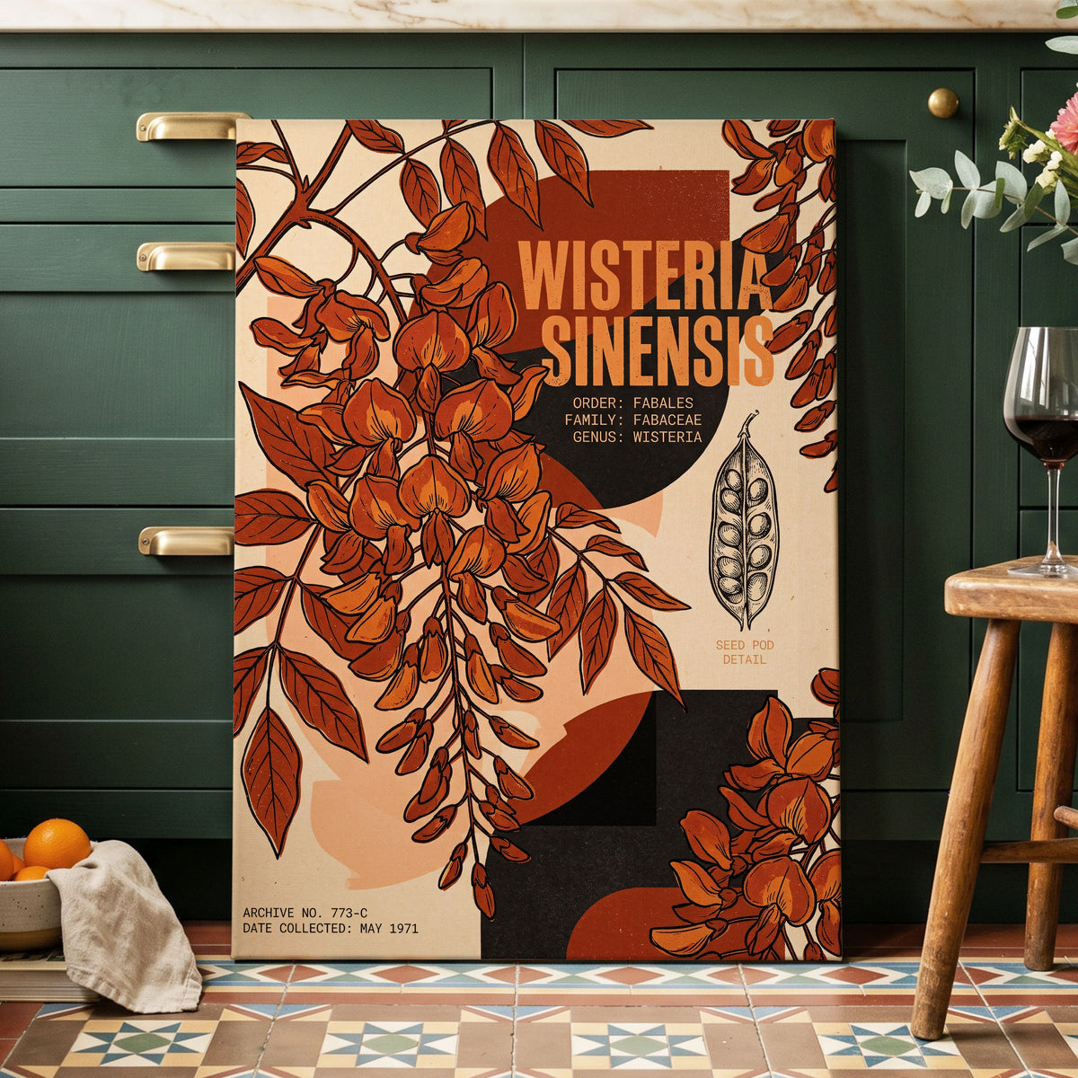 Wisteria Archive, beige, orange, black floral wall art on canvas displayed in a styled interior, gallery view 2