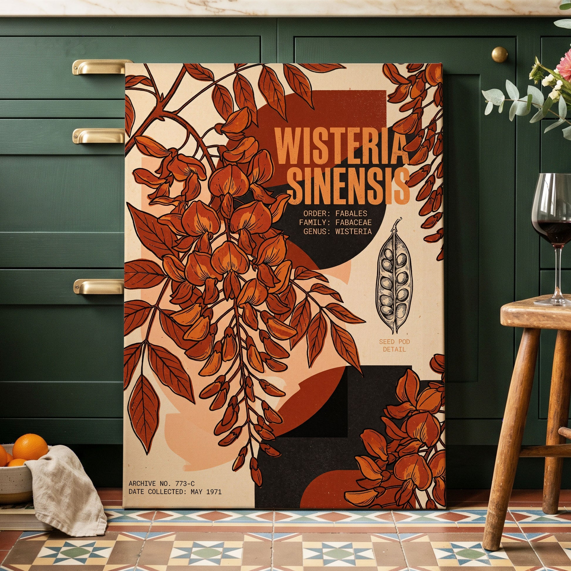 Wisteria Archive, beige, orange, black floral wall art on canvas displayed in a styled interior, gallery view 2