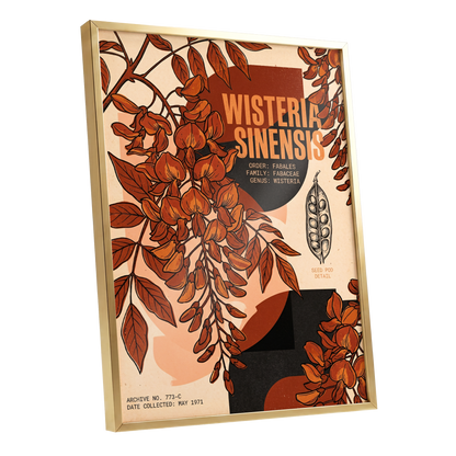 Wisteria Archive, beige, orange, black floral wall art shown as a gold framed poster wall art print