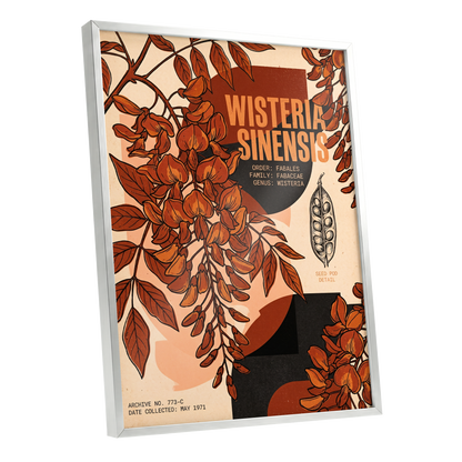 Wisteria Archive, beige, orange, black floral wall art shown as a silver framed poster wall art print