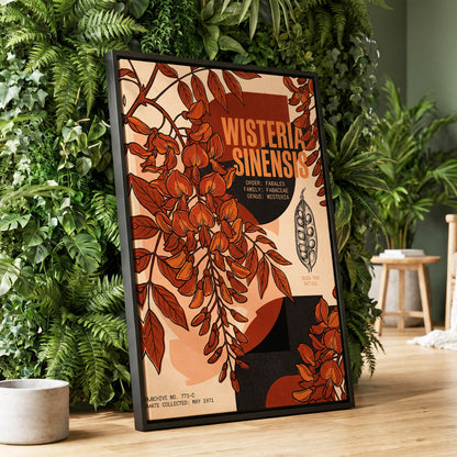 Wisteria Archive, beige, orange, black floral wall art displayed in a styled interior, gallery view 1