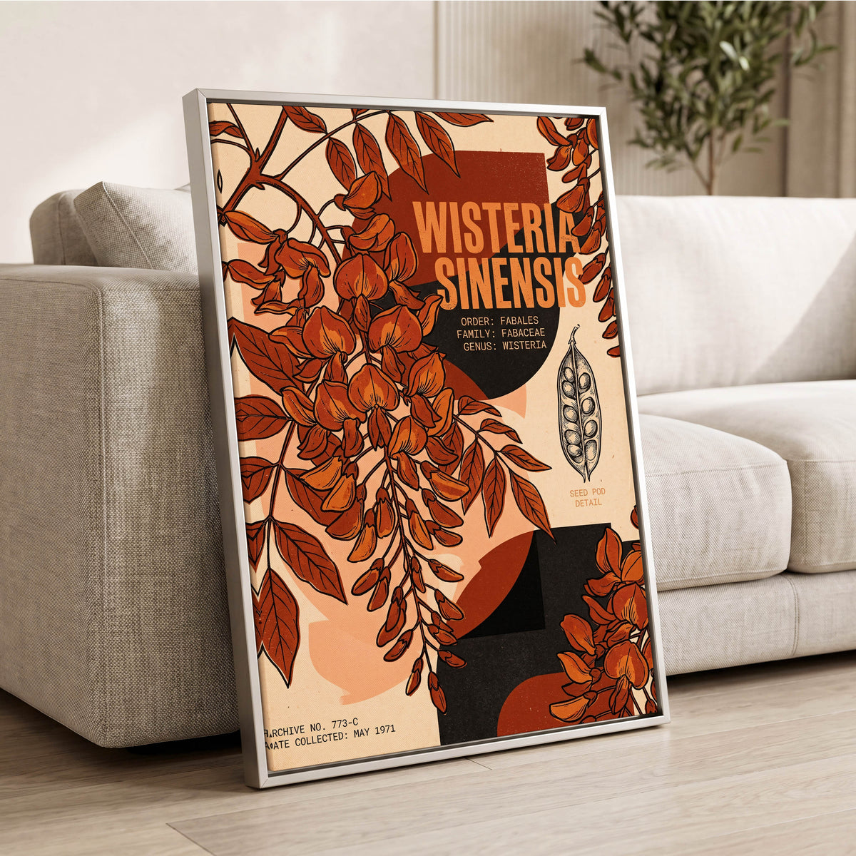 Wisteria Archive, beige, orange, black floral wall art displayed in a styled interior, gallery view 2