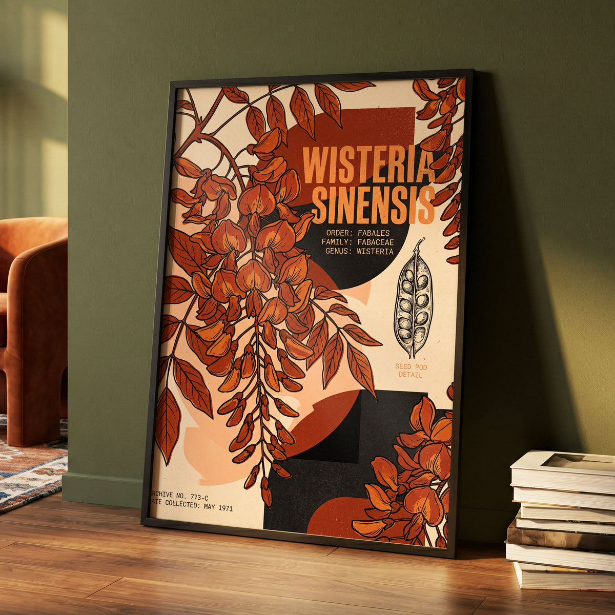 Wisteria Archive, beige, orange, black floral wall art displayed in a styled interior, gallery view 4