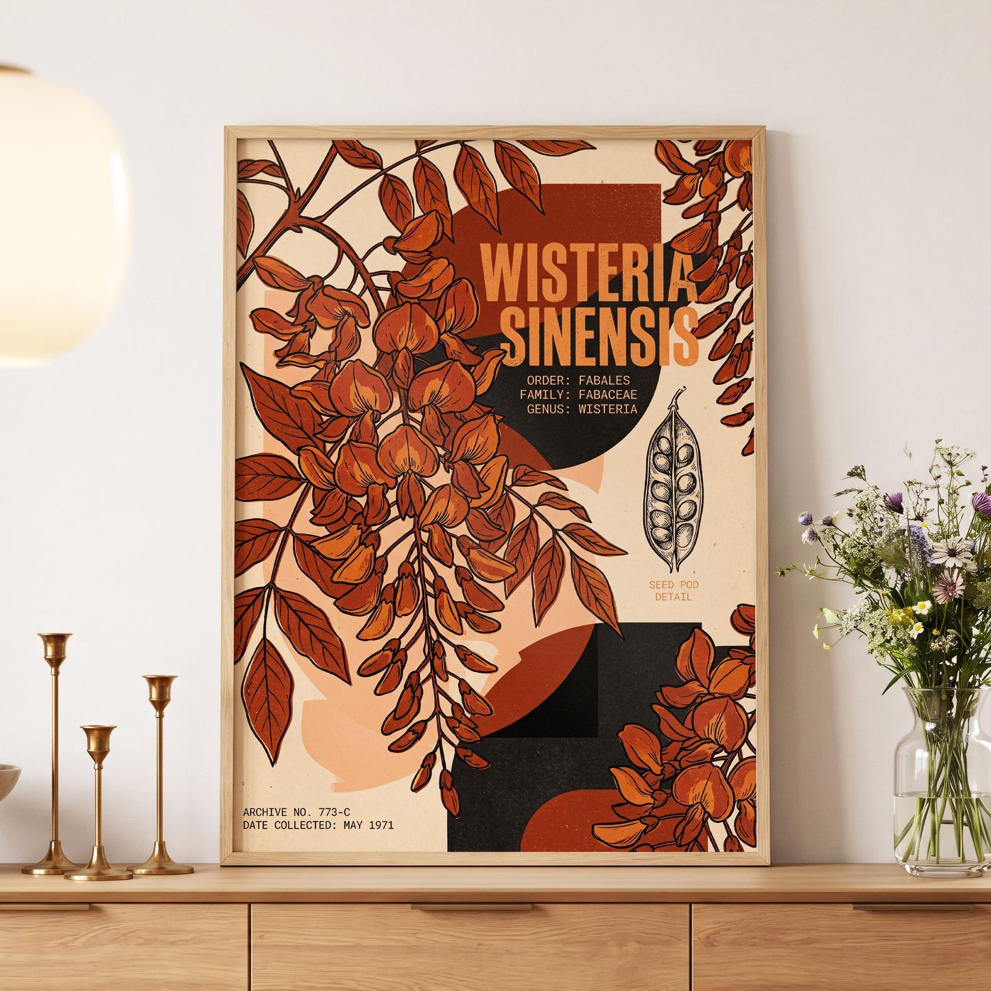 Wisteria Archive, beige, orange, black floral wall art displayed in a styled interior, gallery view 5