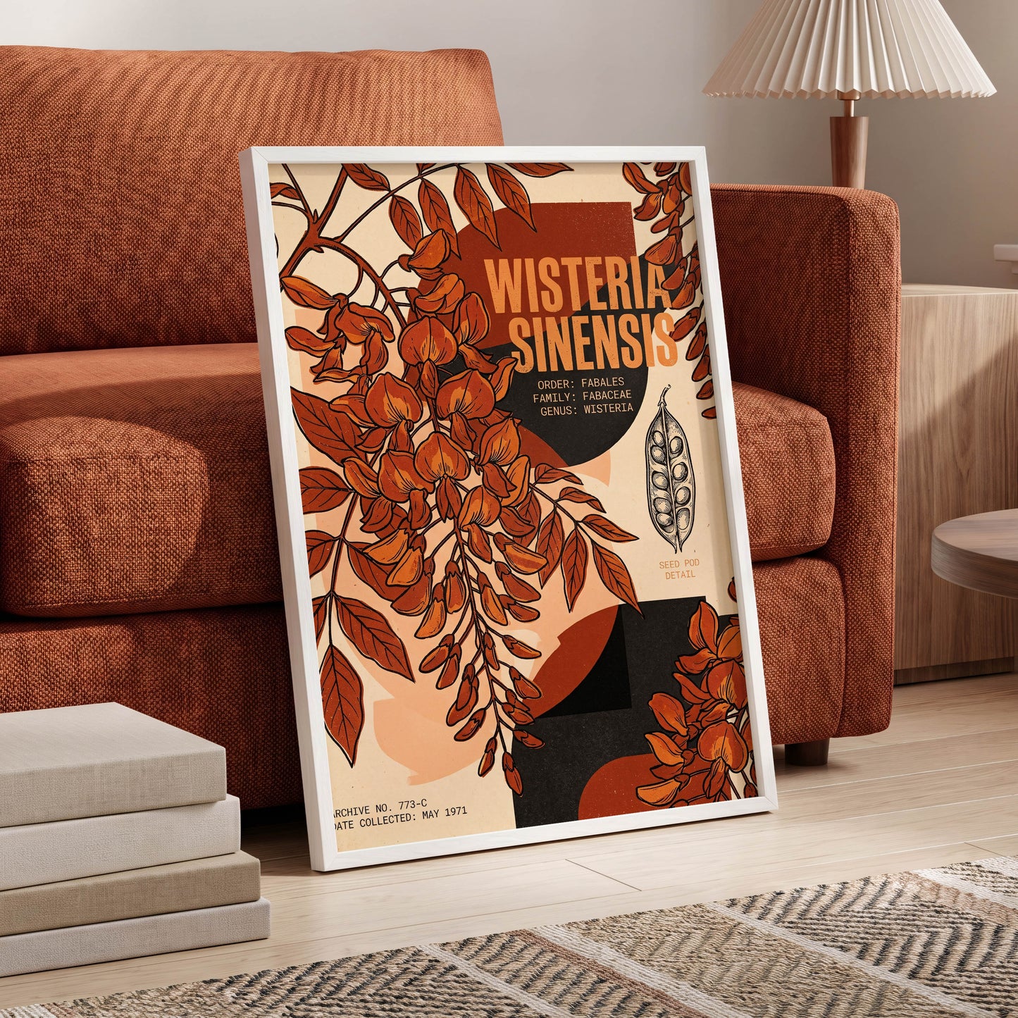 Wisteria Archive, beige, orange, black floral wall art displayed in a styled interior, gallery view 6