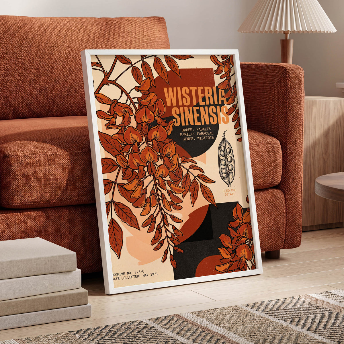 Wisteria Archive, beige, orange, black floral wall art displayed in a styled interior, gallery view 6