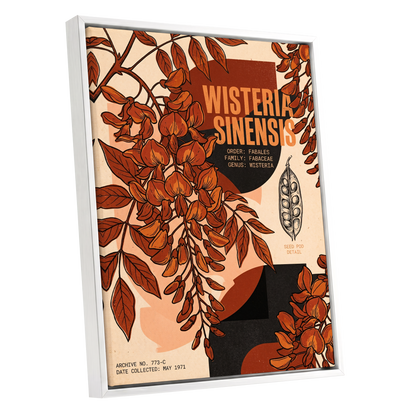 Wisteria Archive, beige, orange, black floral wall art shown as a white framed canvas wall art