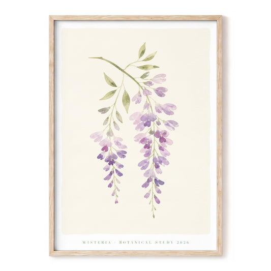 Wisteria Drift, purple, green, beige floral wall art, front artwork view