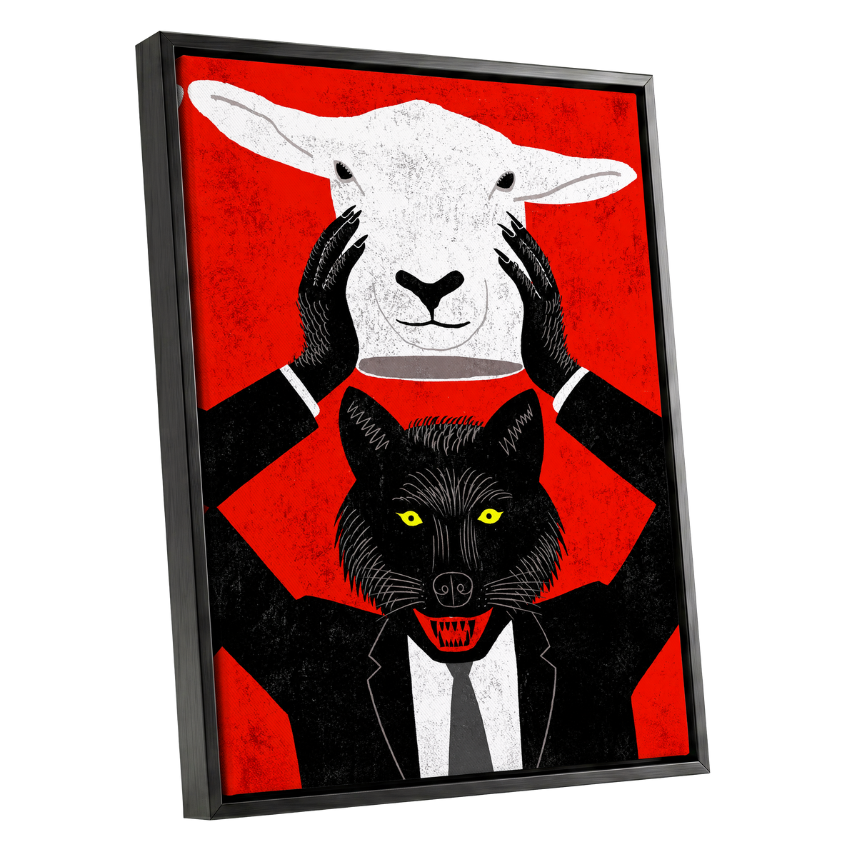 Wolf in Sheep's Clothing, red, black, white nature wall art shown as a black framed canvas wall art