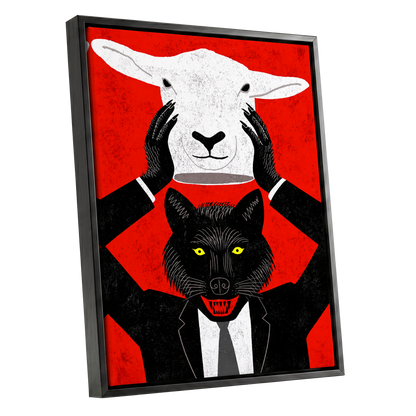 Wolf in Sheep's Clothing, red, black, white nature wall art shown as a black framed canvas wall art