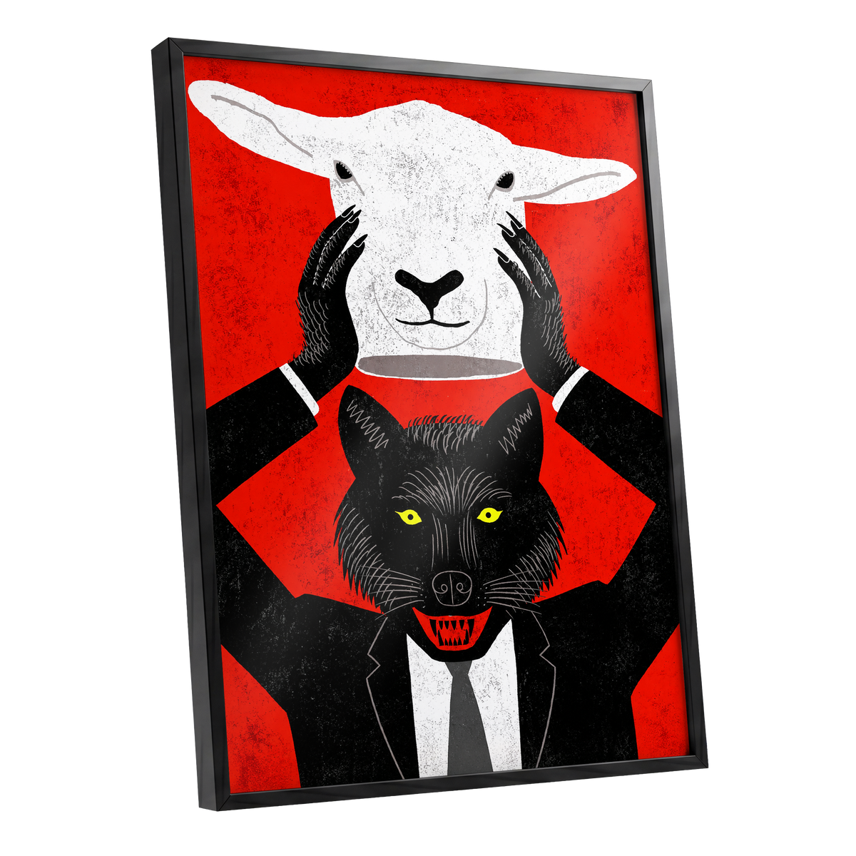 Wolf in Sheep's Clothing, red, black, white nature wall art shown as a black framed poster wall art print