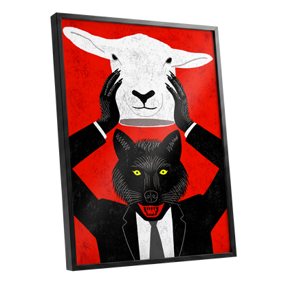 Wolf in Sheep's Clothing, red, black, white nature wall art shown as a black framed poster wall art print