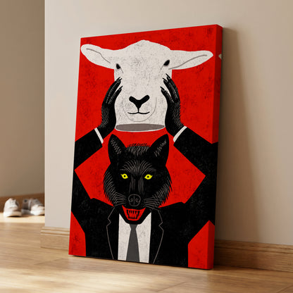 Wolf in Sheep's Clothing, red, black, white nature wall art on canvas displayed in a styled interior, gallery view 1