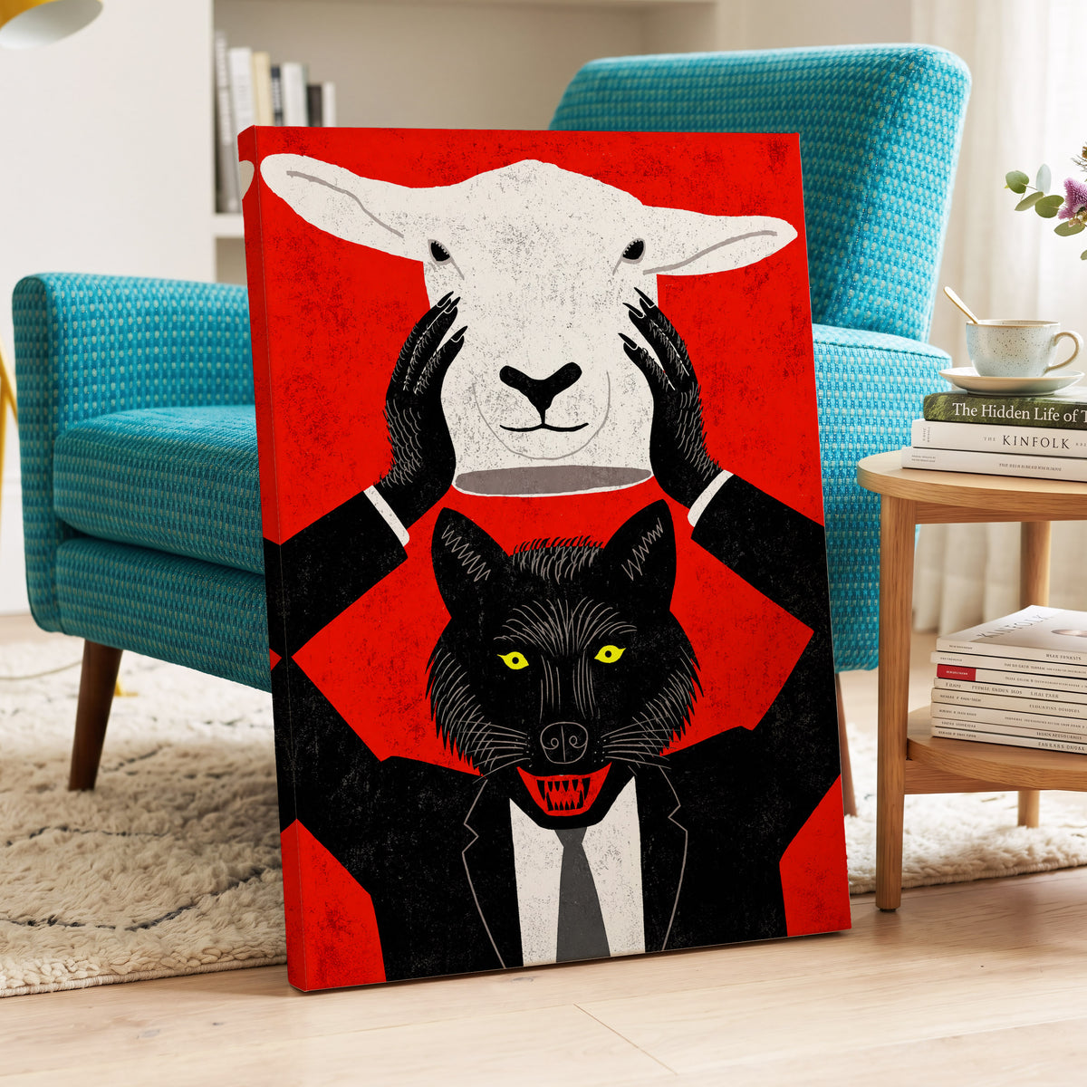 Wolf in Sheep's Clothing, red, black, white nature wall art on canvas displayed in a styled interior, gallery view 2