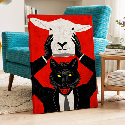 Wolf in Sheep's Clothing, red, black, white nature wall art on canvas displayed in a styled interior, gallery view 2