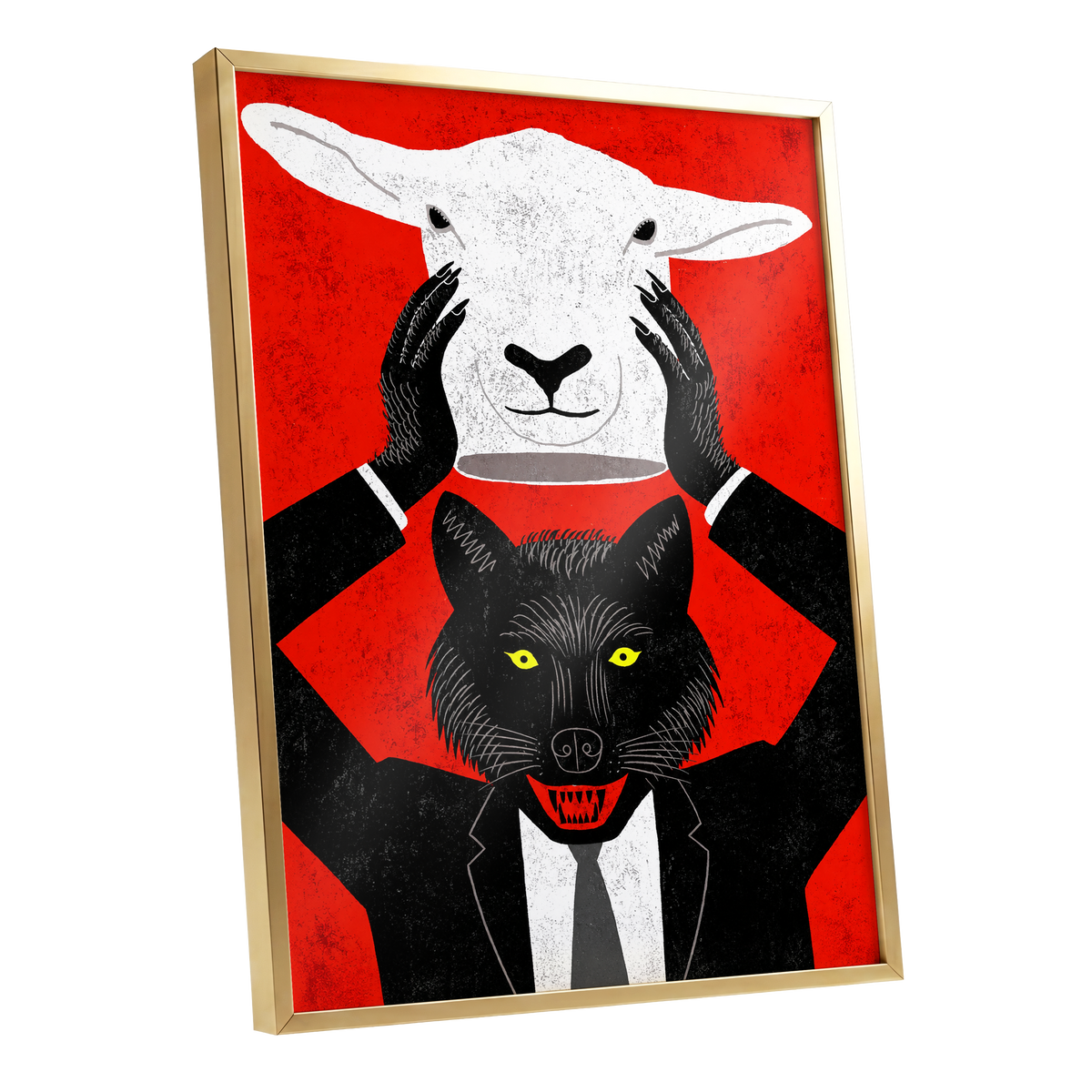 Wolf in Sheep's Clothing, red, black, white nature wall art shown as a gold framed poster wall art print