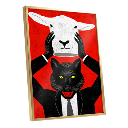 Wolf in Sheep's Clothing, red, black, white nature wall art shown as a gold framed poster wall art print