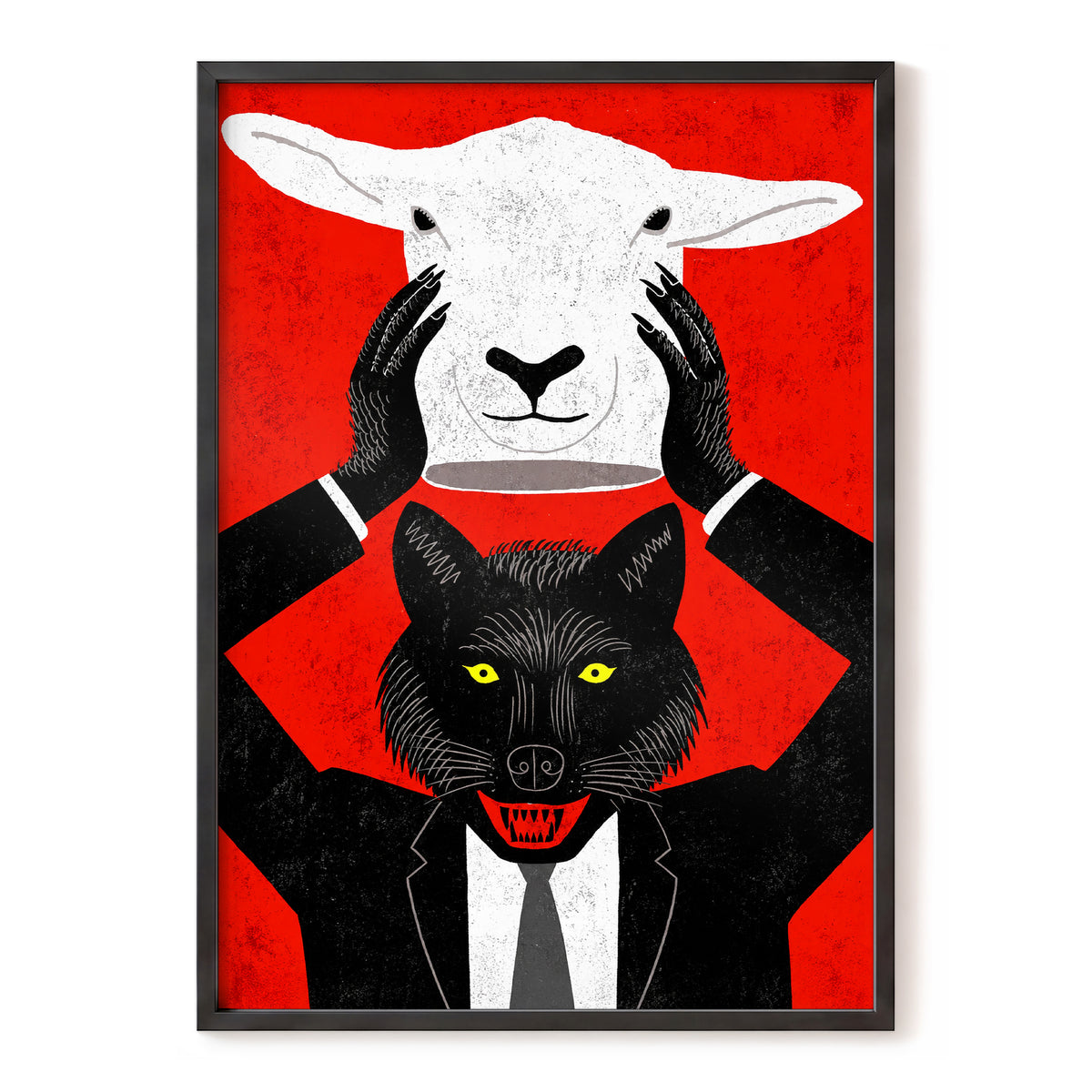Wolf in Sheep's Clothing, red, black, white nature wall art, front artwork view