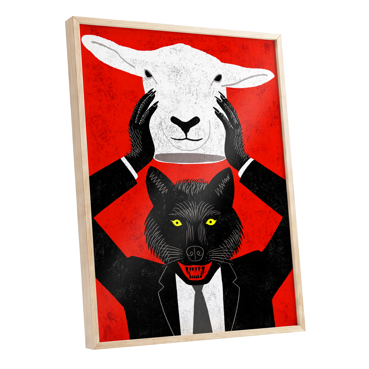 Wolf in Sheep's Clothing, red, black, white nature wall art shown as a oak framed poster wall art print