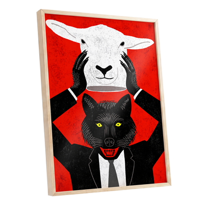 Wolf in Sheep's Clothing, red, black, white nature wall art shown as a oak framed poster wall art print