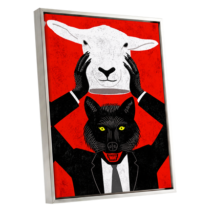 Wolf in Sheep's Clothing, red, black, white nature wall art shown as a silver framed canvas wall art