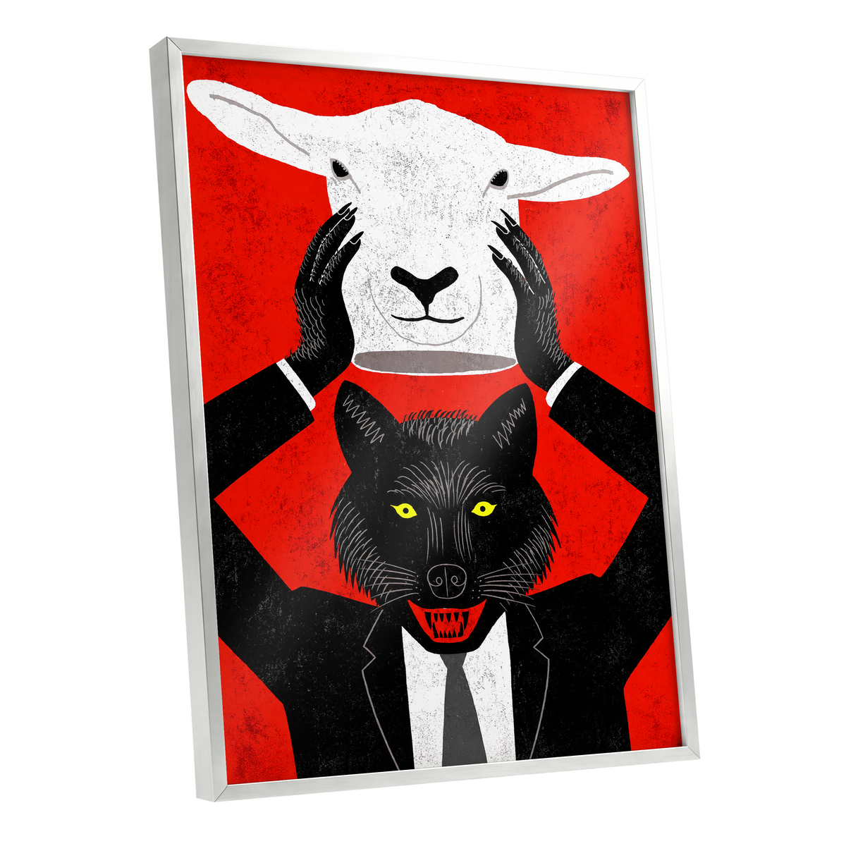 Wolf in Sheep's Clothing, red, black, white nature wall art shown as a silver framed poster wall art print