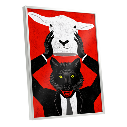 Wolf in Sheep's Clothing, red, black, white nature wall art shown as a silver framed poster wall art print