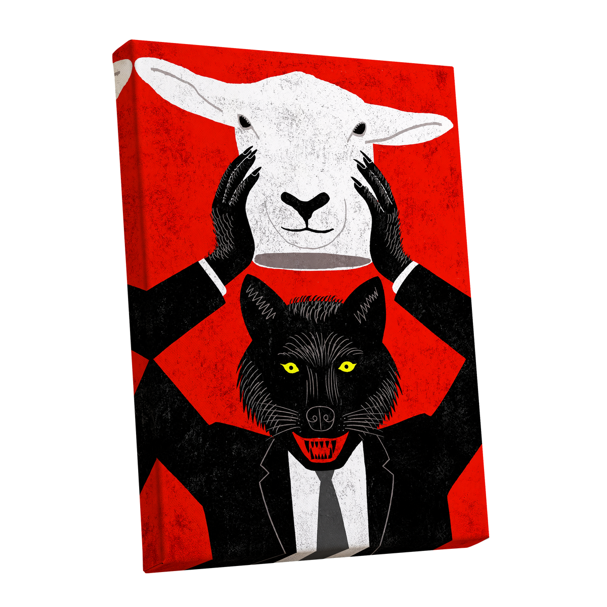 Wolf in Sheep's Clothing, red, black, white nature wall art shown as a stretched canvas wall art
