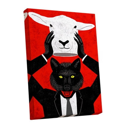 Wolf in Sheep's Clothing, red, black, white nature wall art shown as a stretched canvas wall art