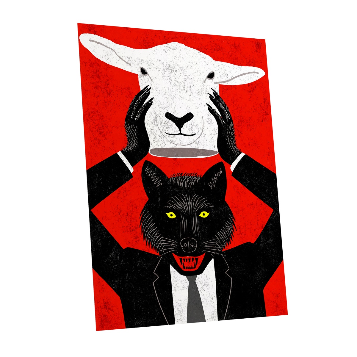 Wolf in Sheep's Clothing, red, black, white nature wall art shown as a unframed poster wall art print