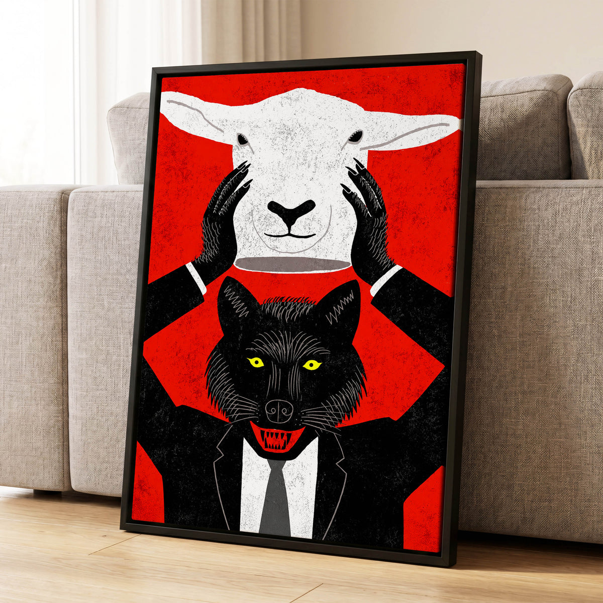 Wolf in Sheep's Clothing, red, black, white nature wall art displayed in a styled interior, gallery view 1