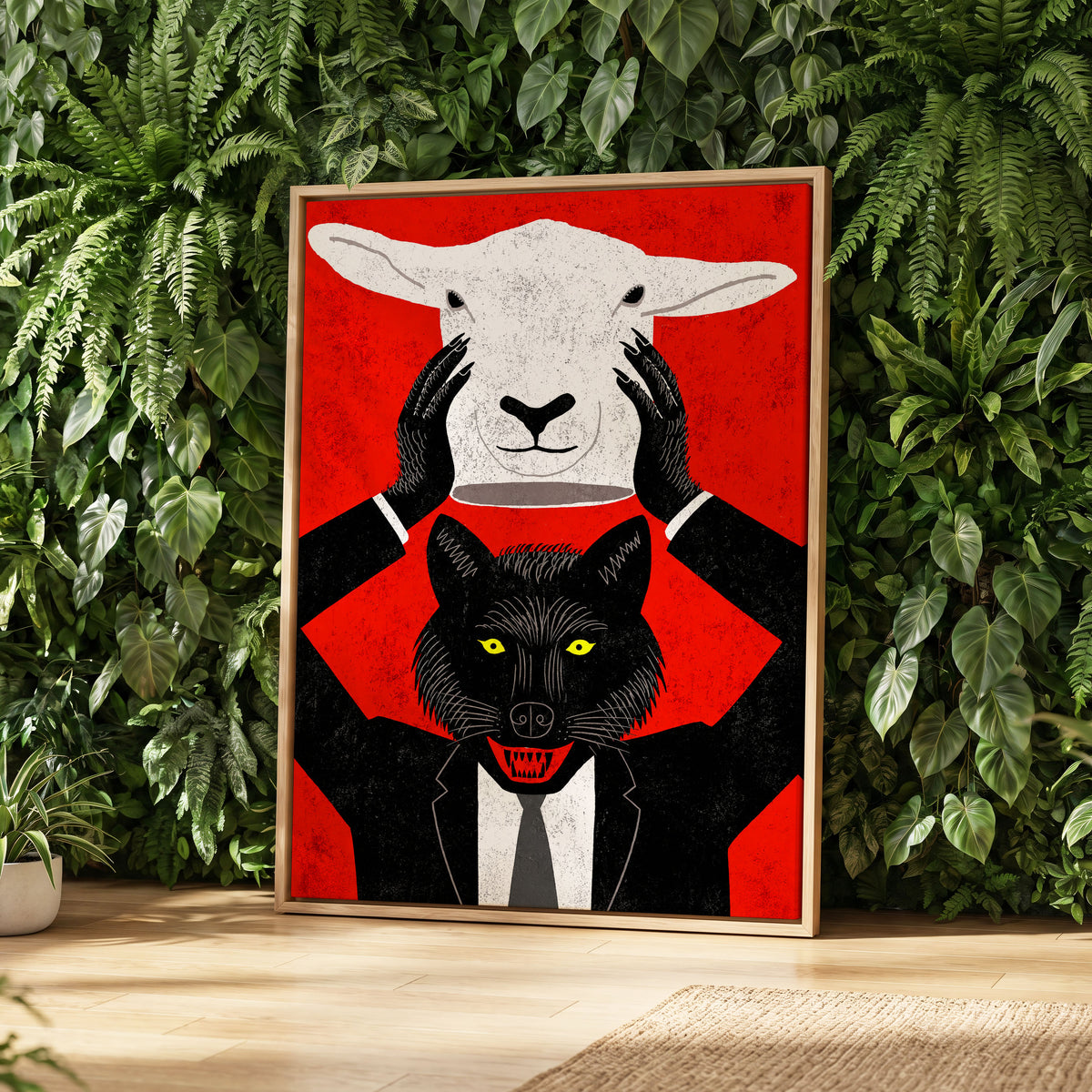 Wolf in Sheep's Clothing, red, black, white nature wall art displayed in a styled interior, gallery view 2