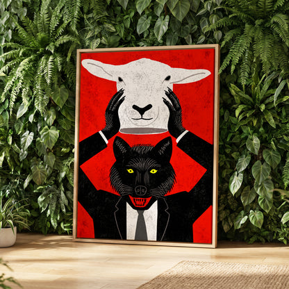 Wolf in Sheep's Clothing, red, black, white nature wall art displayed in a styled interior, gallery view 2
