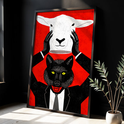 Wolf in Sheep's Clothing, red, black, white nature wall art displayed in a styled interior, gallery view 3
