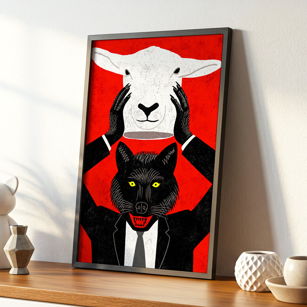 Wolf in Sheep's Clothing, red, black, white nature wall art displayed in a styled interior, gallery view 4