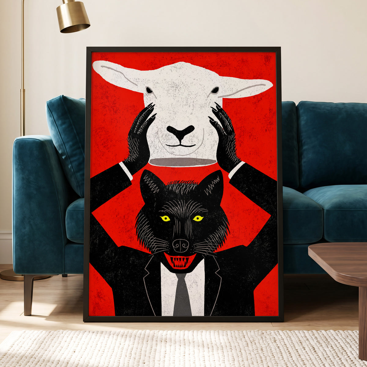 Wolf in Sheep's Clothing, red, black, white nature wall art displayed in a styled interior, gallery view 5